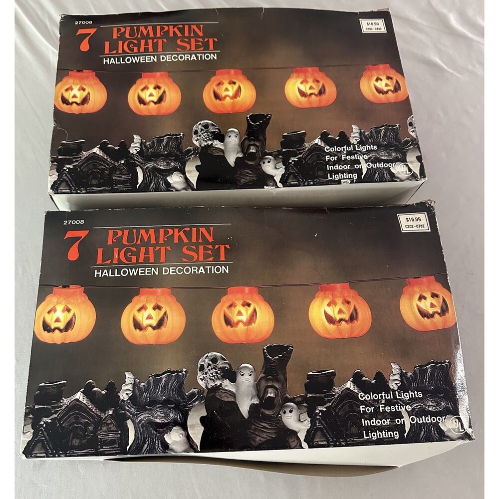 2 Sets Vintage 7 Halloween Blow Mold Pumpkin String Lights 1992
